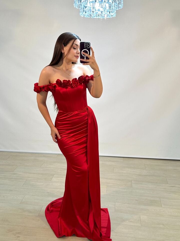 Daisy Çiçek Detaylı Saten Korseli Kırmızı Balık Model Abiye Elbise 36