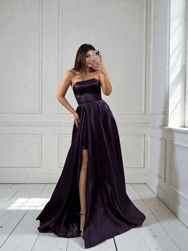 Nora Balon Kollu Parlak Saten Yırtmaçlı Mor Abiye Elbise 42