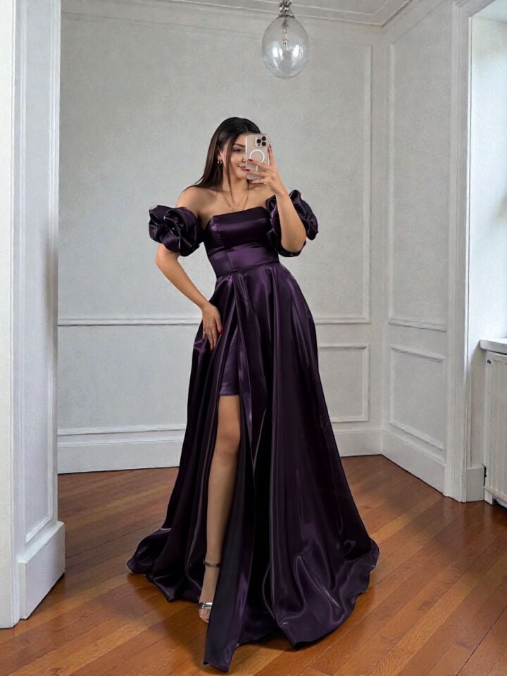 Nora Balon Kollu Parlak Saten Yırtmaçlı Mor Abiye Elbise 38