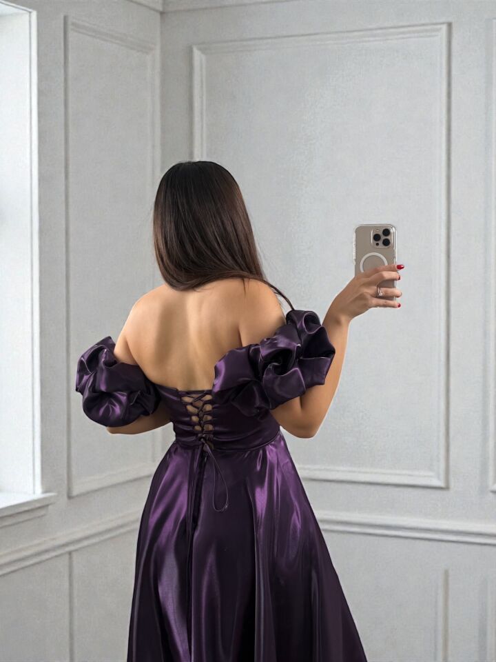 Nora Balon Kollu Parlak Saten Yırtmaçlı Mor Abiye Elbise 36