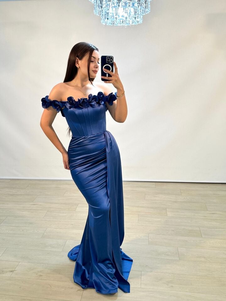 Daisy Çiçek Detaylı Saten Korseli İndigo Mavisi Balık Model Abiye Elbise 36