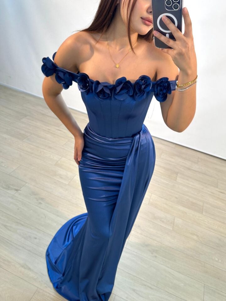 Daisy Çiçek Detaylı Saten Korseli İndigo Mavisi Balık Model Abiye Elbise 36
