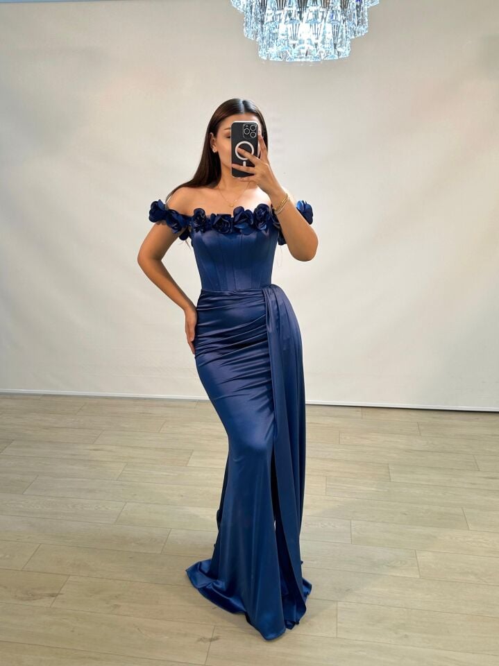 Daisy Çiçek Detaylı Saten Korseli İndigo Mavisi Balık Model Abiye Elbise 36