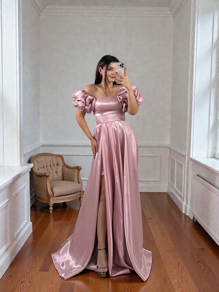Nora Balon Kollu Parlak Saten Yırtmaçlı Pudra Pembe Abiye Elbise 42
