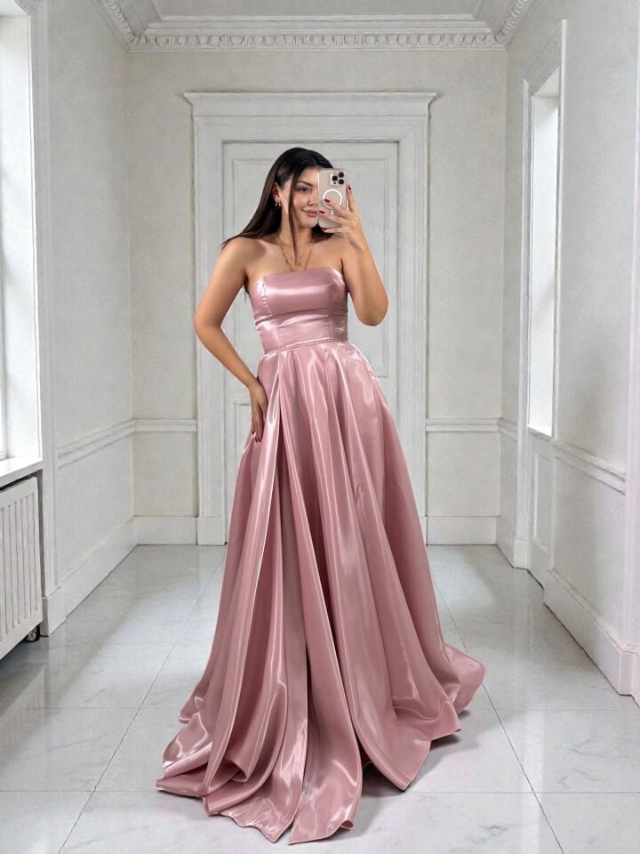 Nora Balon Kollu Parlak Saten Yırtmaçlı Pudra Pembe Abiye Elbise 42