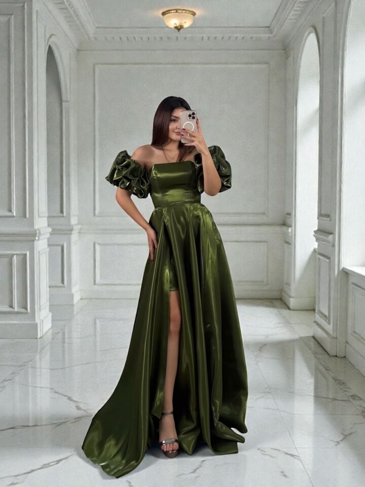 Nora Balon Kollu Parlak Saten Yırtmaçlı Yeşil Abiye Elbise 36
