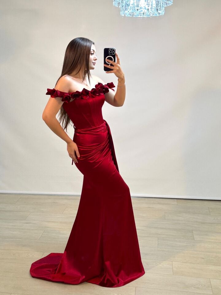 Daisy Çiçek Detaylı Saten Korseli Bordo Balık Model Abiye Elbise 36