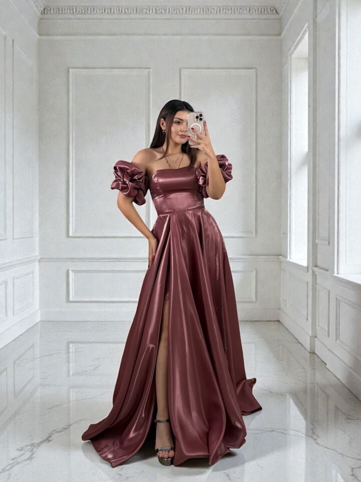 Nora Balon Kollu Parlak Saten Yırtmaçlı Gül Kurusu Abiye Elbise 42