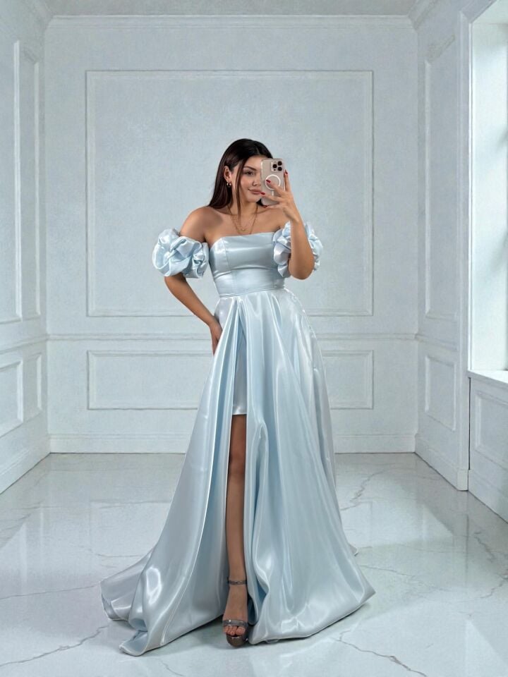 Nora Balon Kollu Parlak Saten Yırtmaçlı Bebe Mavi Abiye Elbise 42