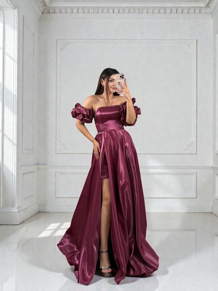Nora Balon Kollu Parlak Saten Yırtmaçlı Vişne Çürüğü Abiye Elbise 36