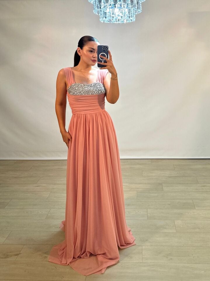 Glorya Göğsü Taş İşlemeli Şifon Kumaşlı Yırtmaçlı Yavru Ağzı Renk Abiye Elbise 40