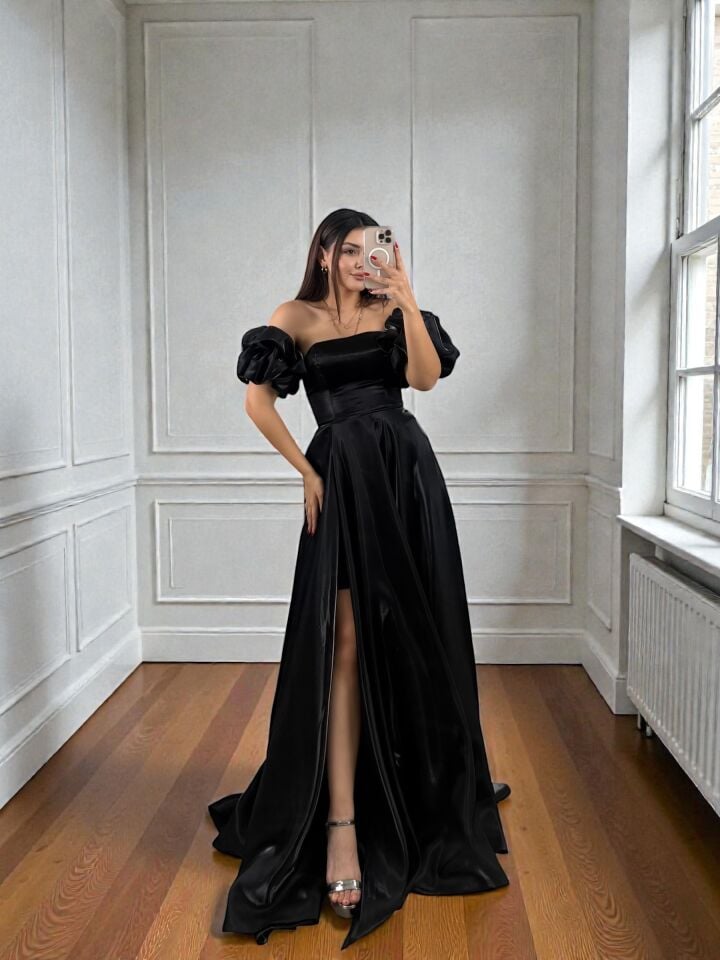 Nora Balon Kollu Parlak Saten Yırtmaçlı Siyah Abiye Elbise 38