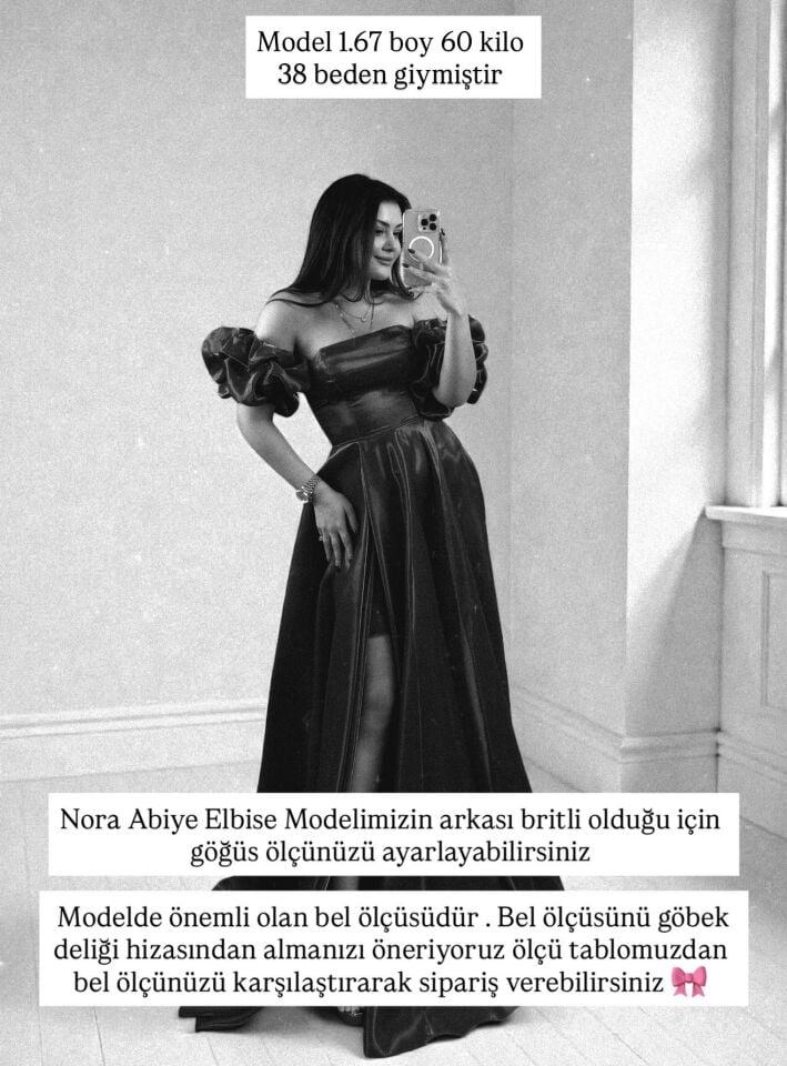 Nora Balon Kollu Parlak Saten Yırtmaçlı Siyah Abiye Elbise 42