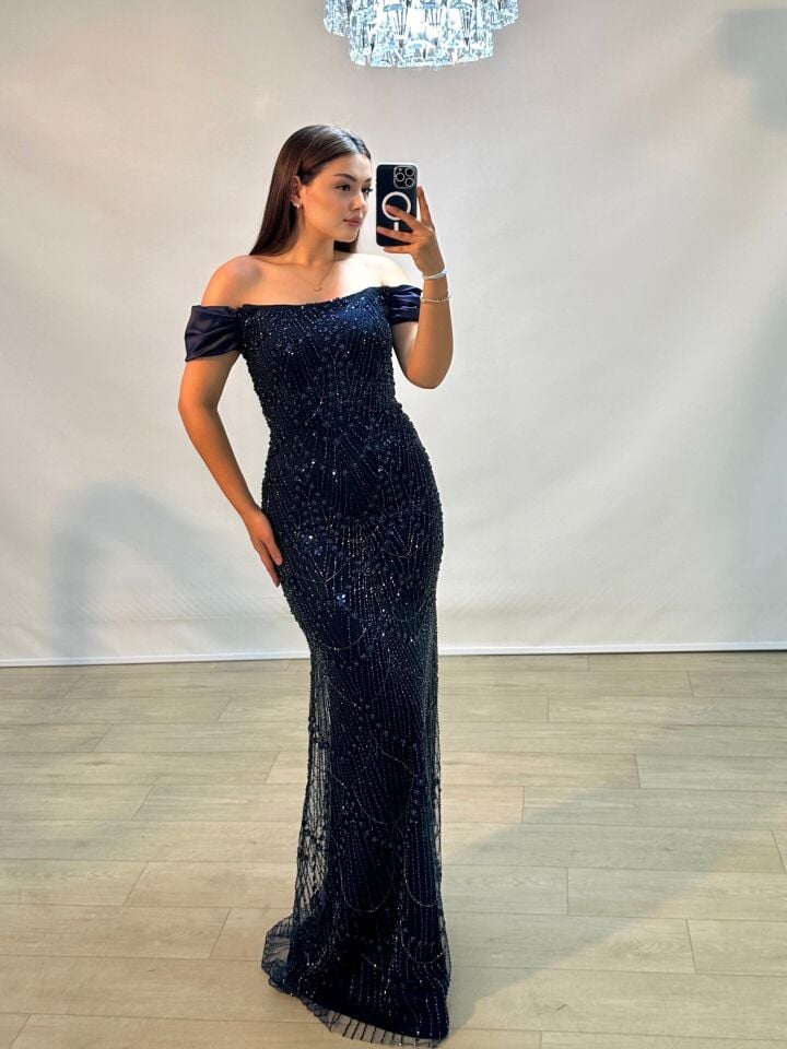 Divor Boncuk Ve Payet İşlemeli Saten Düşük Kollu Lacivert Abiye Elbise 40