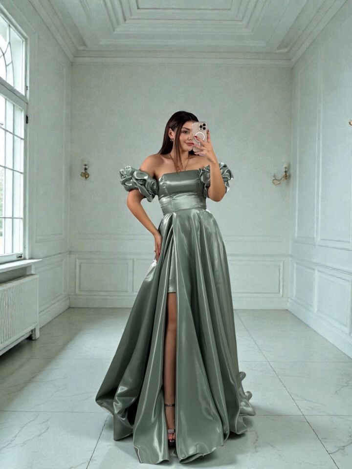 Nora Balon Kollu Parlak Saten Yırtmaçlı Mint Yeşili Abiye Elbise 42