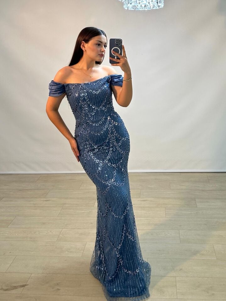 Divor Boncuk Ve Payet İşlemeli Saten Düşük Kollu İndigo Mavi Abiye Elbise 36