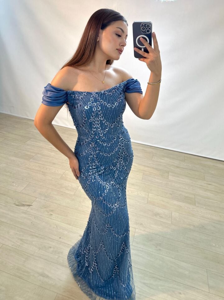 Divor Boncuk Ve Payet İşlemeli Saten Düşük Kollu İndigo Mavi Abiye Elbise 40