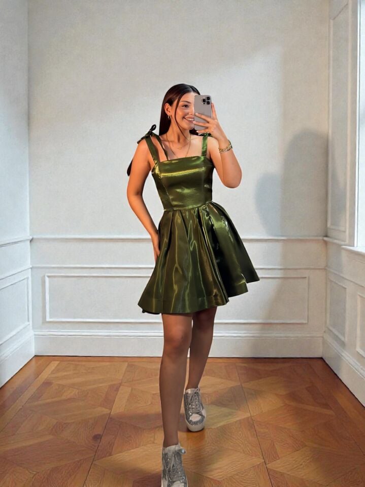 Candy Kısa Hologram Saten Haki Yeşil Abiye Elbise 40