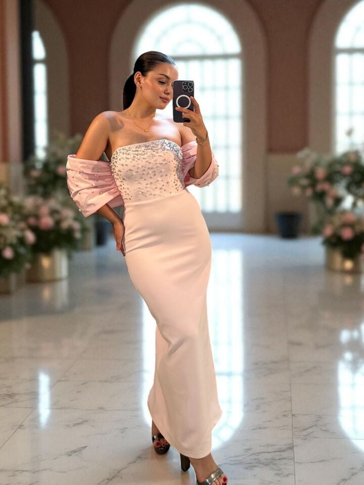 Liora Bilek Boy Taş İşlemeli Pudra Pembesi Abiye Elbise