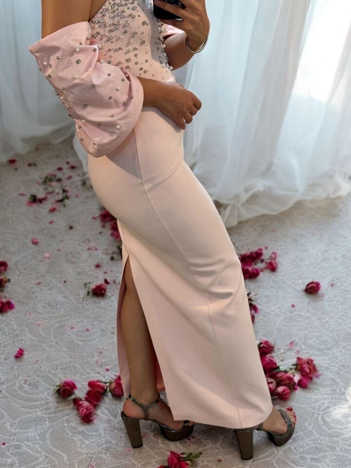 Liora Bilek Boy Taş İşlemeli Pudra Pembesi Abiye Elbise