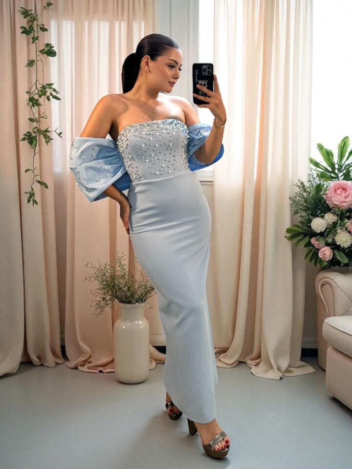 Liora Bilek Boy Taş İşlemeli Bebe Mavisi Abiye Elbise 40