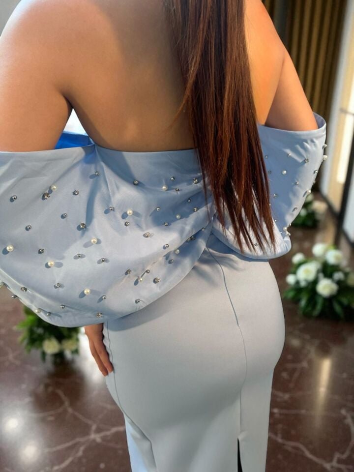 Liora Bilek Boy Taş İşlemeli Bebe Mavisi Abiye Elbise 40