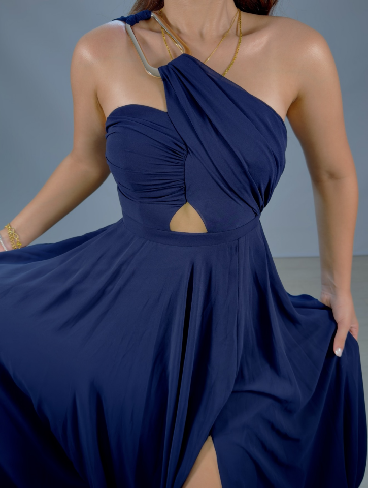 Alya Gold Tokalı Şifon Yırtmaçlı Lacivert Abiye Elbise 42