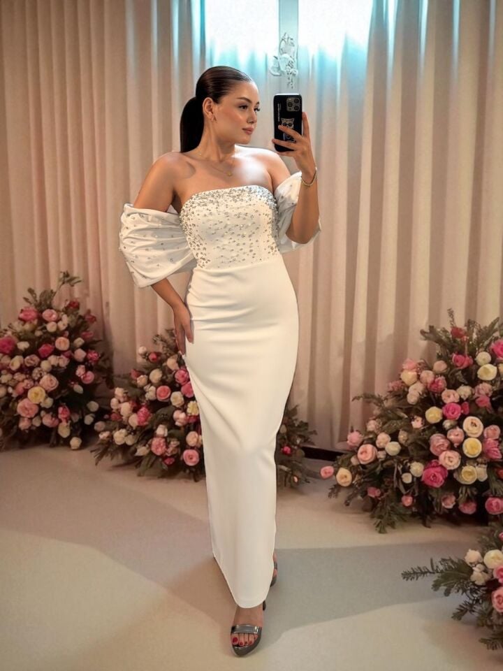 Liora Bilek Boy Taş İşlemeli Beyaz Abiye Elbise 36