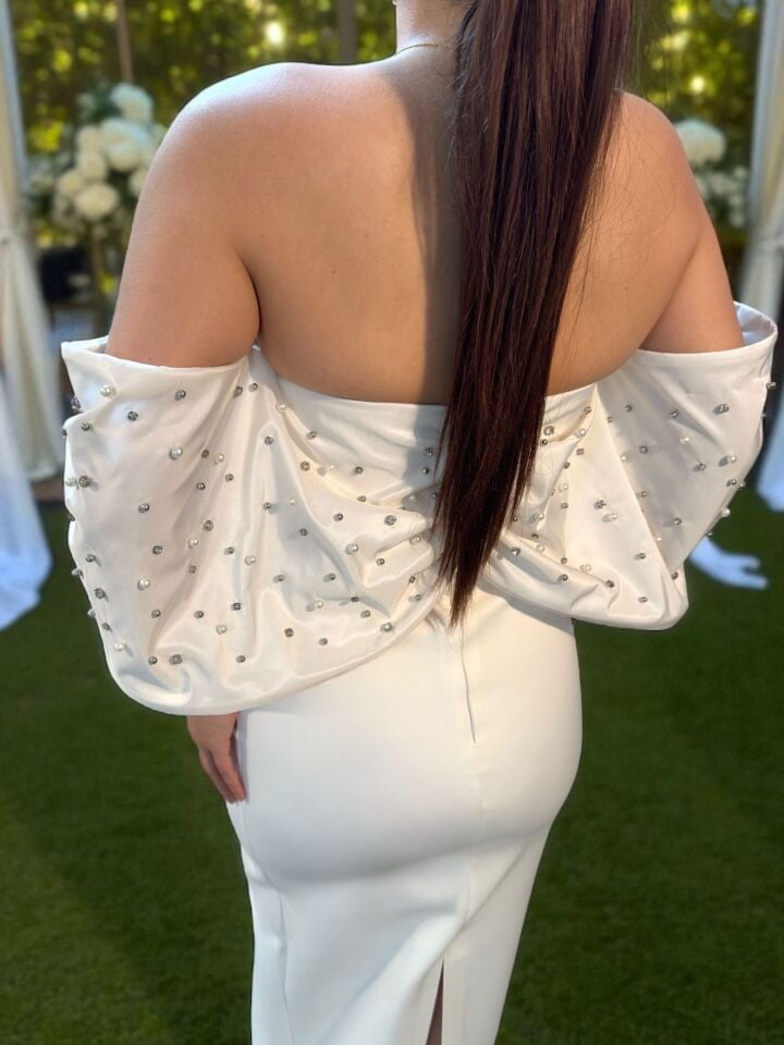 Liora Bilek Boy Taş İşlemeli Beyaz Abiye Elbise 38