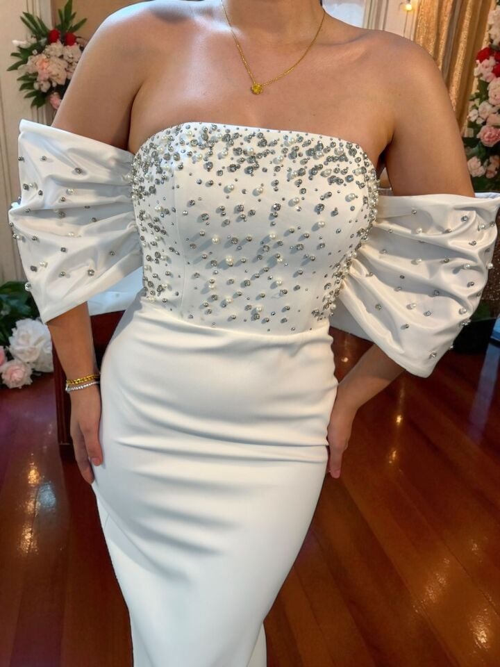 Liora Bilek Boy Taş İşlemeli Beyaz Abiye Elbise 36