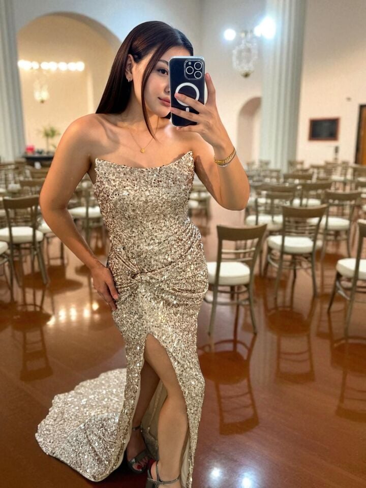 Glam Straplez Full Payetli Gold Renk Balık Model Abiye Elbise 38