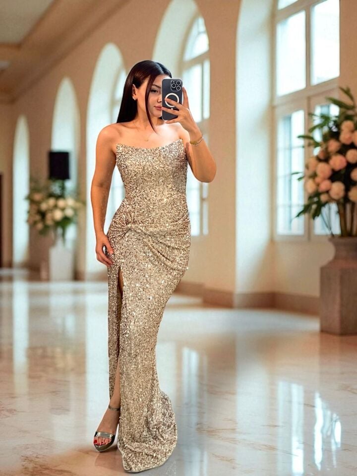 Glam Straplez Full Payetli Gold Renk Balık Model Abiye Elbise 38