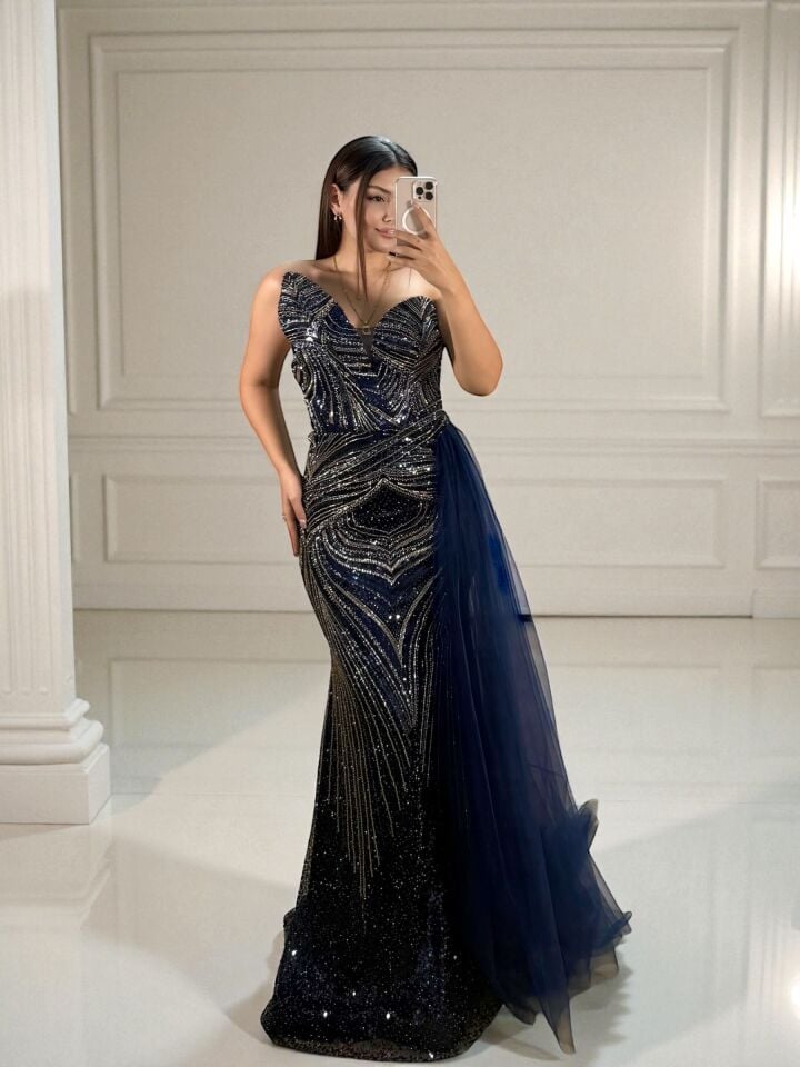 Sortie Tasarım Boncuk Ve Payet İşlemeli Lacivert Balık Elbise 38