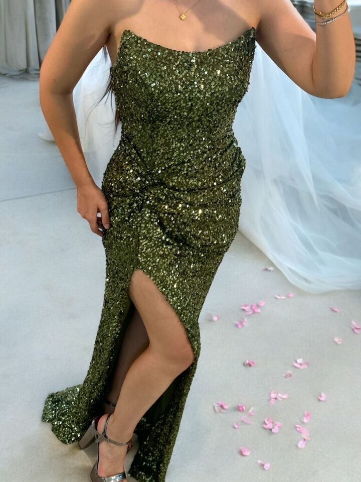 Glam Straplez Full Payetli Yeşil Renk Balık Model Abiye Elbise