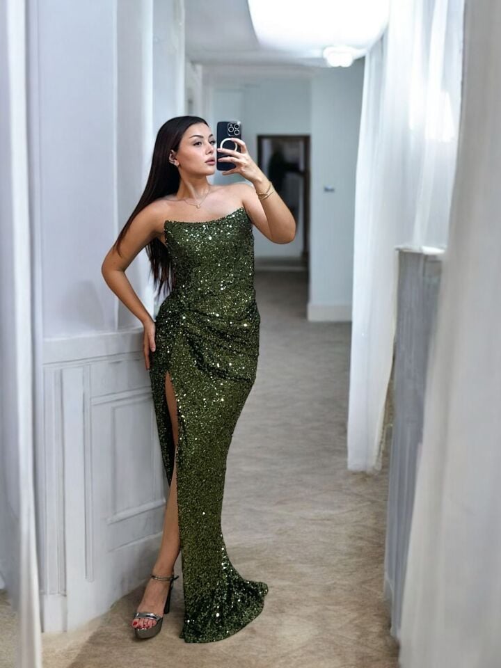 Glam Straplez Full Payetli Yeşil Renk Balık Model Abiye Elbise