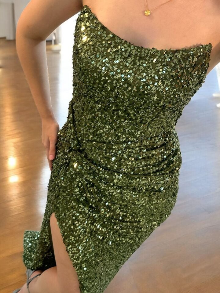 Glam Straplez Full Payetli Yeşil Renk Balık Model Abiye Elbise