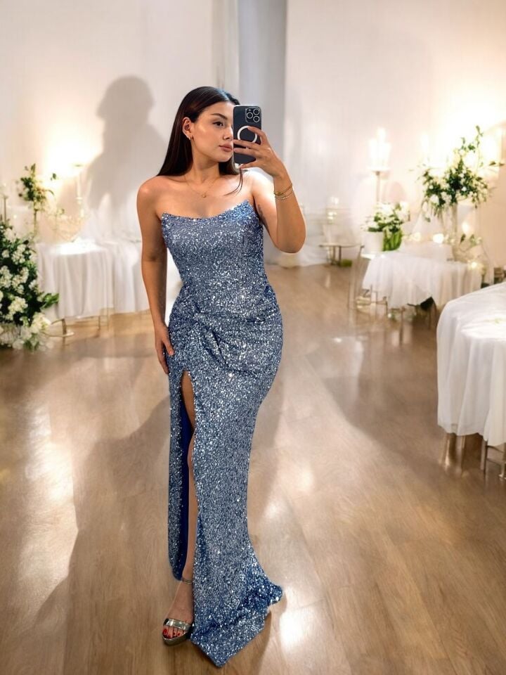 Glam Straplez Full Payetli İndigo Renk Balık Model Abiye Elbise