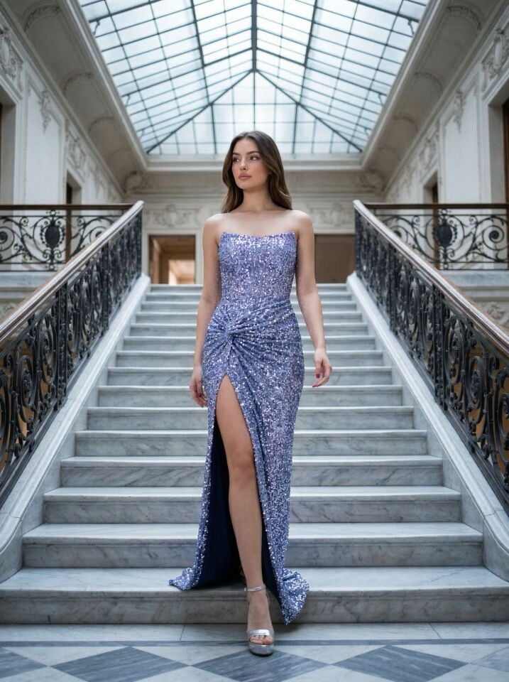 Glam Straplez Full Payetli İndigo Renk Balık Model Abiye Elbise 38