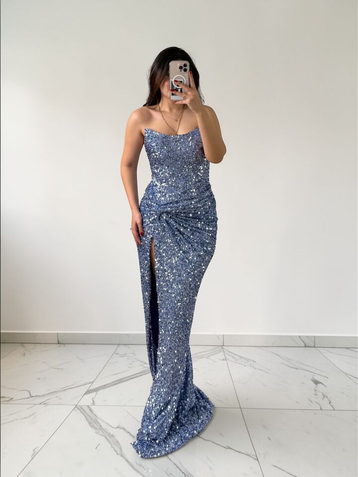 Glam Straplez Full Payetli İndigo Renk Balık Model Abiye Elbise 42