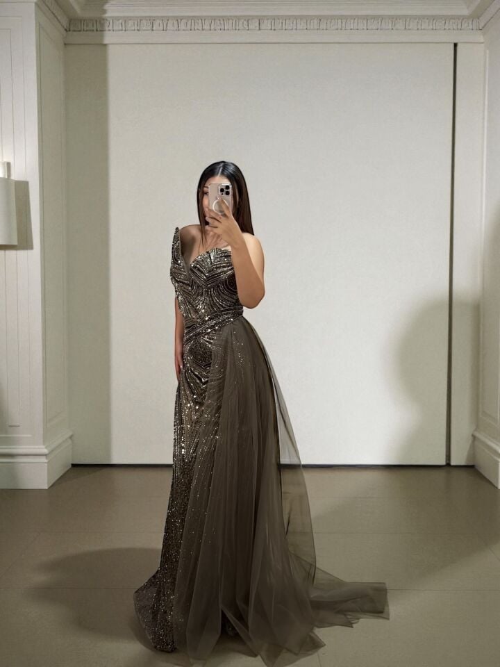 Sortie Tasarım Boncuk Ve Payet İşlemeli Haki Yeşil Balık Elbise 44