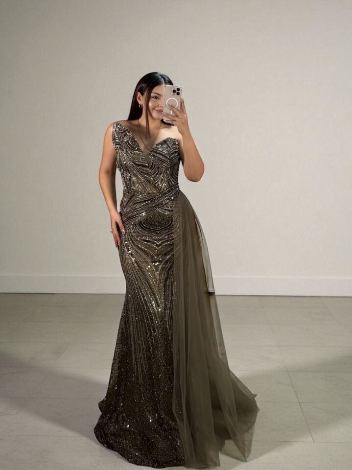 Sortie Tasarım Boncuk Ve Payet İşlemeli Haki Yeşil Balık Elbise 44