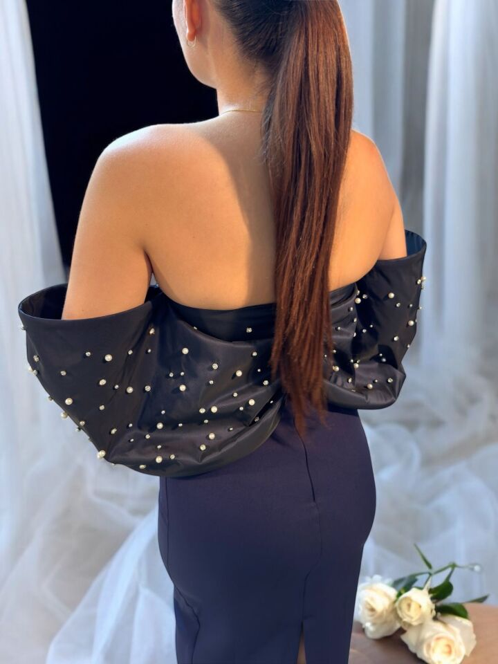 Liora Bilek Boy Taş İşlemeli Lacivert Abiye Elbise 40