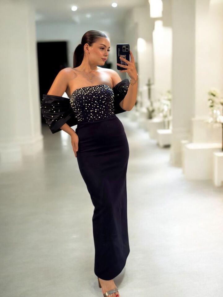 Liora Bilek Boy Taş İşlemeli Lacivert Abiye Elbise 40