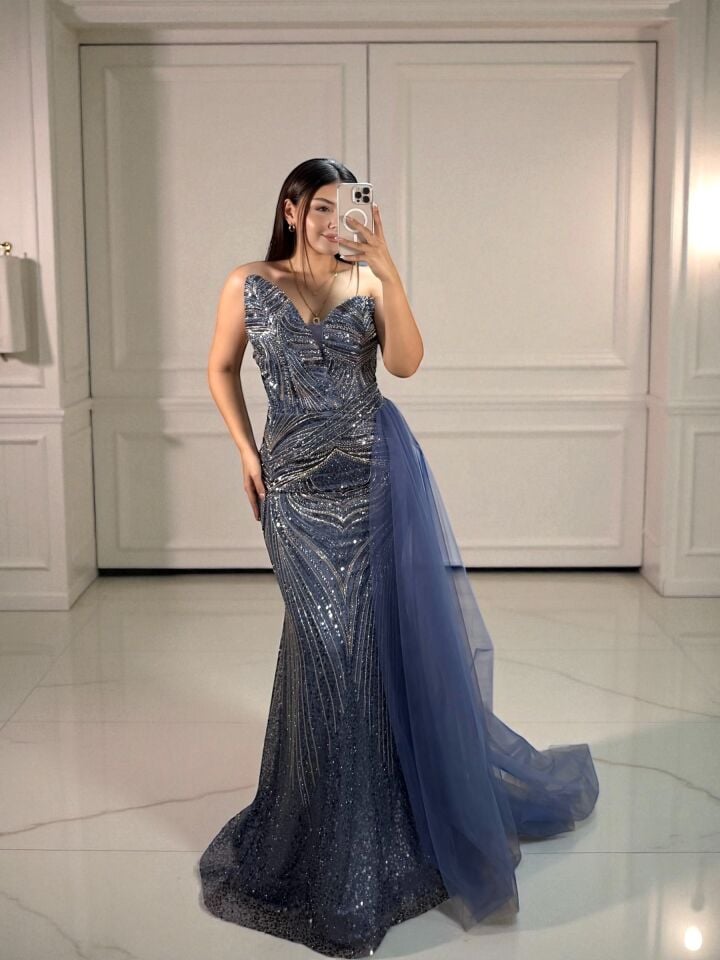 Sortie Tasarım Boncuk Ve Payet İşlemeli İndigo Balık Elbise 44