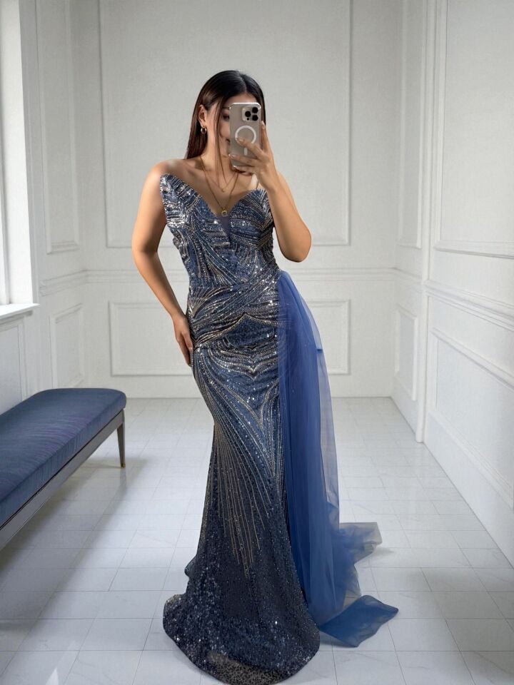 Sortie Tasarım Boncuk Ve Payet İşlemeli İndigo Balık Elbise 38