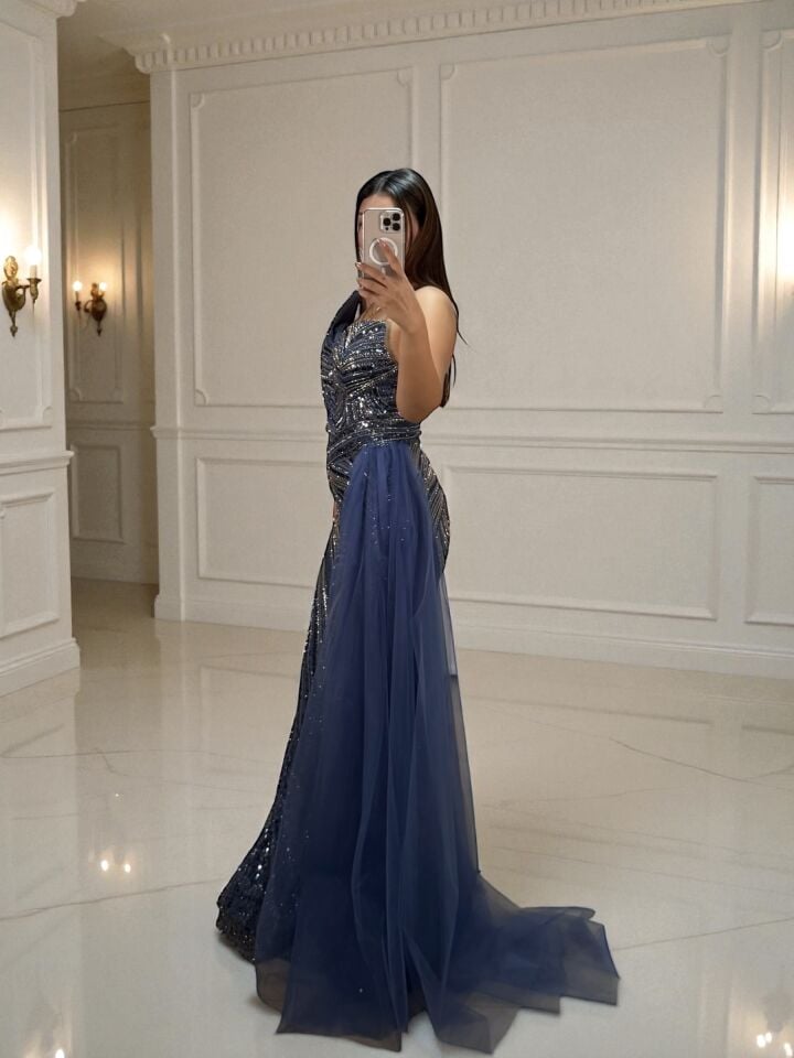 Sortie Tasarım Boncuk Ve Payet İşlemeli İndigo Balık Elbise