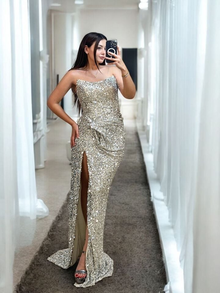 Glam Straplez Full Payetli Gümüş Renk Balık Model Abiye Elbise