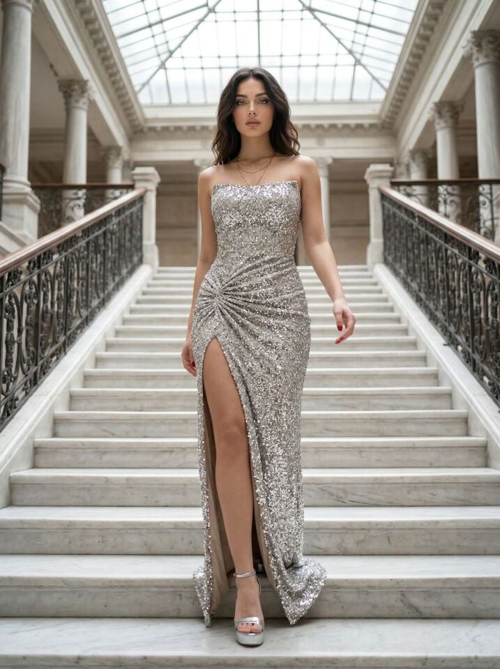 Glam Straplez Full Payetli Gümüş Renk Balık Model Abiye Elbise 42