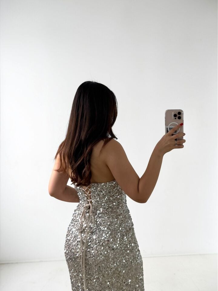 Glam Straplez Full Payetli Gümüş Renk Balık Model Abiye Elbise