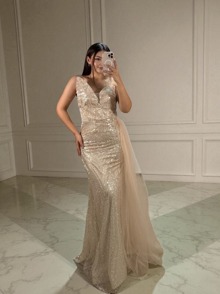 Sortie Tasarım Boncuk Ve Payet İşlemeli Ekru Balık Elbise 38